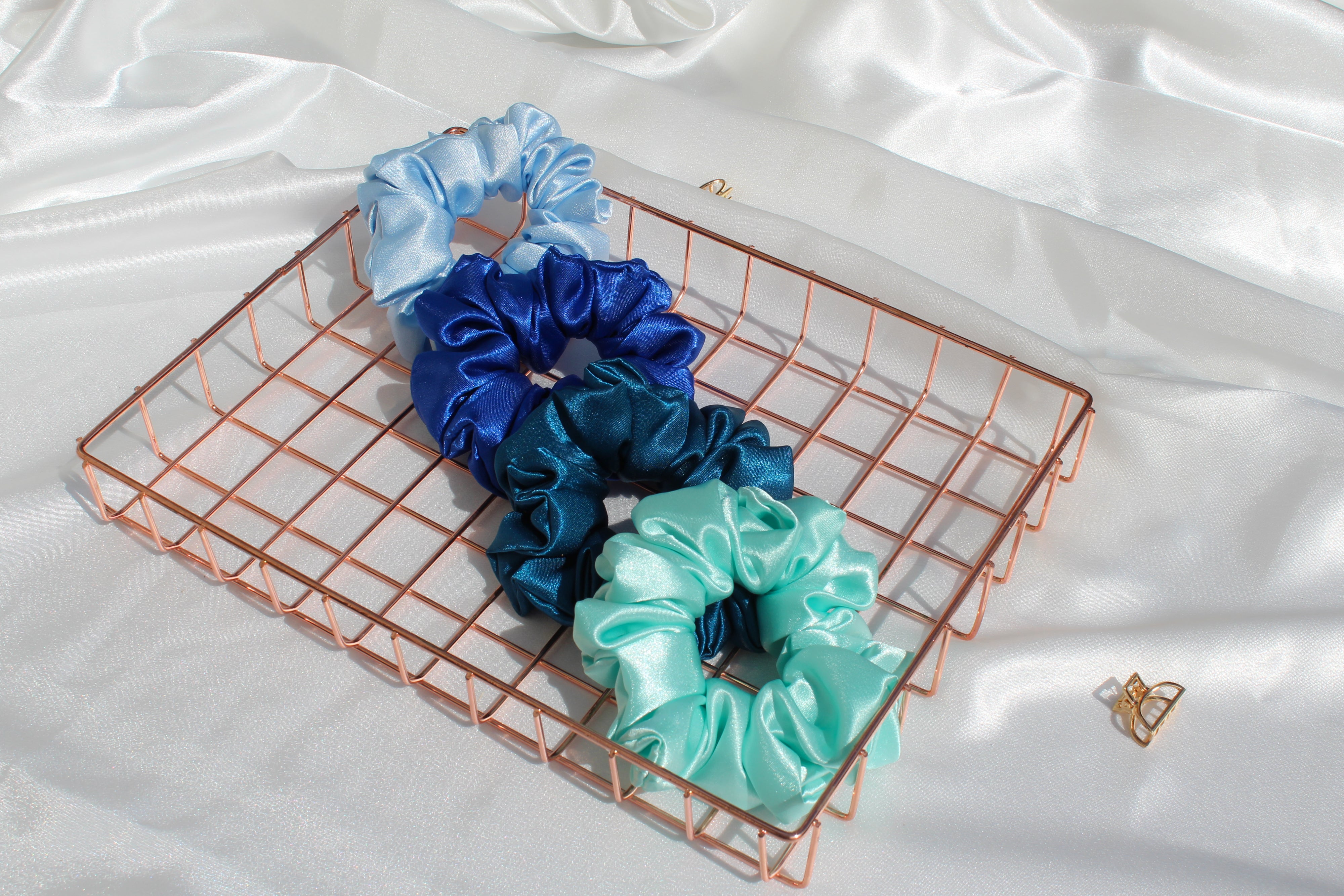 Azure Luxury Satin Scrunchies Sky Blue Royal Blue Vintage Blue Mint Green