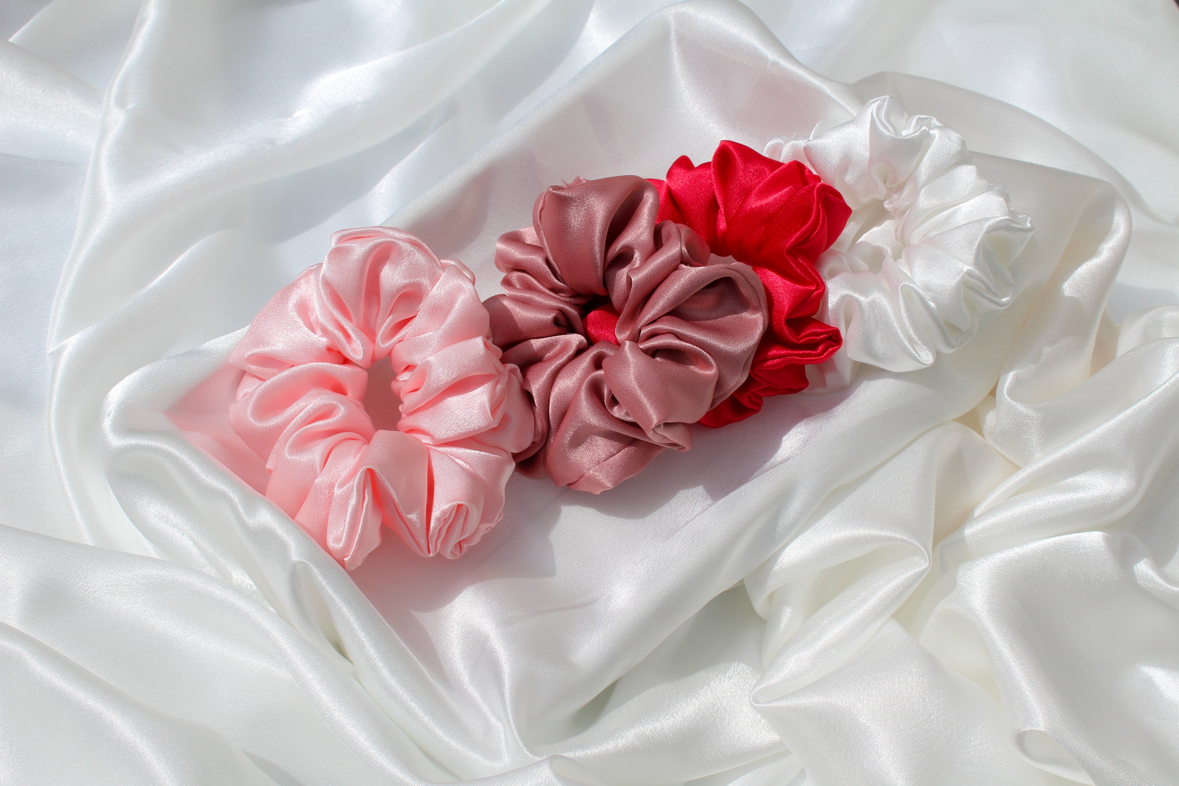 Cherry Blossom Pink, Dusty Rose, Imperial Red Rose and Pearl White Luxury Satin Scrunchies