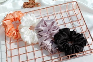 Peach Orange, Pearl White, Majestic Mauve and Black Diamond luxury satin scrunchie set