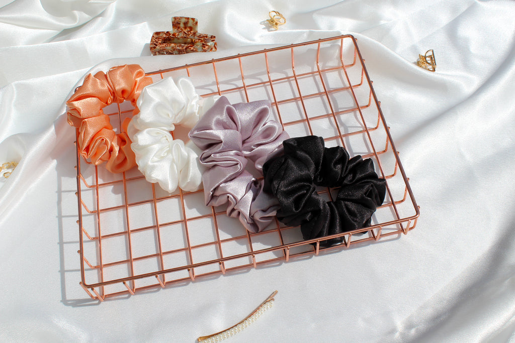 Peach Orange, Pearl White, Majestic Mauve and Black Diamond luxury satin scrunchie set