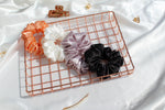 Load image into Gallery viewer, Peach Orange, Pearl White, Majestic Mauve and Black Diamond luxury satin scrunchie set
