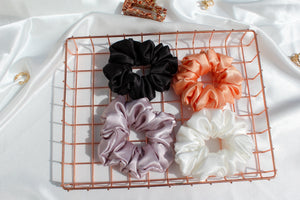 Peach Orange, Pearl White, Majestic Mauve and Black Diamond luxury satin scrunchie set